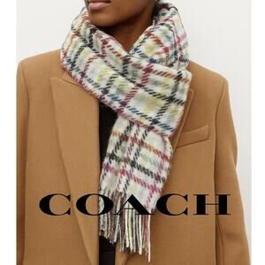 Coach Poppy Plaid Tattersall Fringe Muffler Wool Cashmere Oblong Knit Scarf Wrap